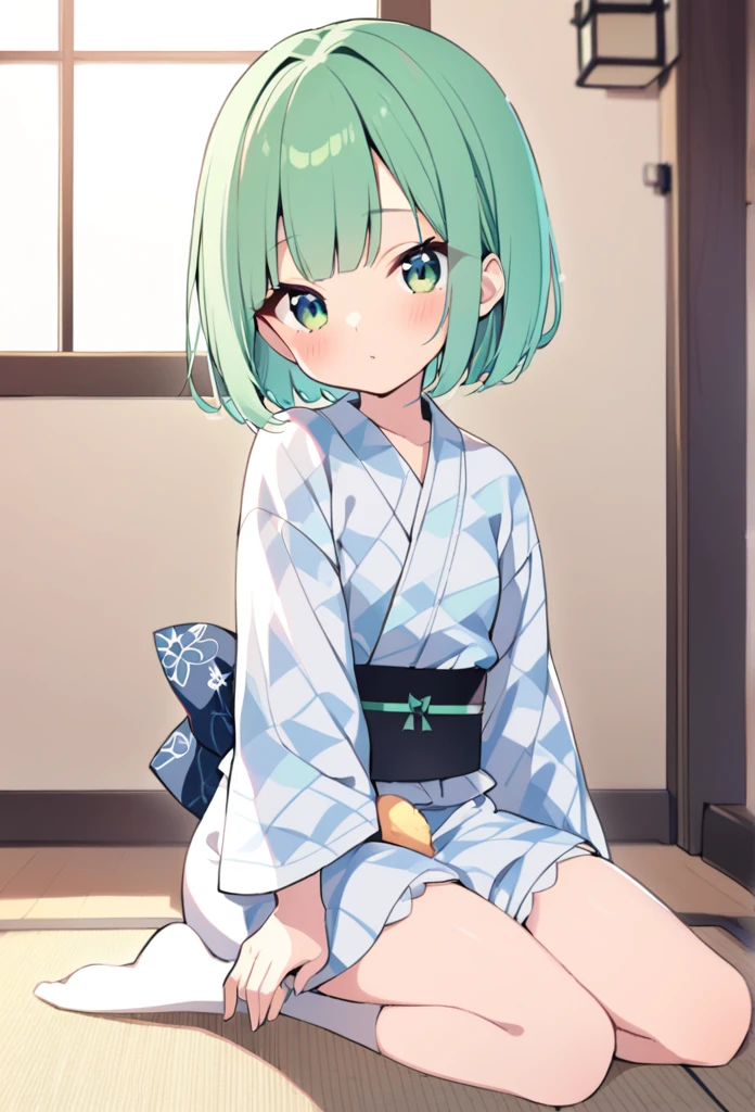 1 girl, cute, young, green hair, bob haircut, green eyes, yukata maid, thigh high,