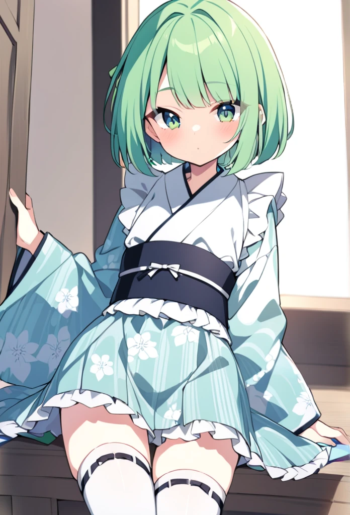 1 girl, cute, young, green hair, bob haircut, green eyes, yukata maid, thigh high,