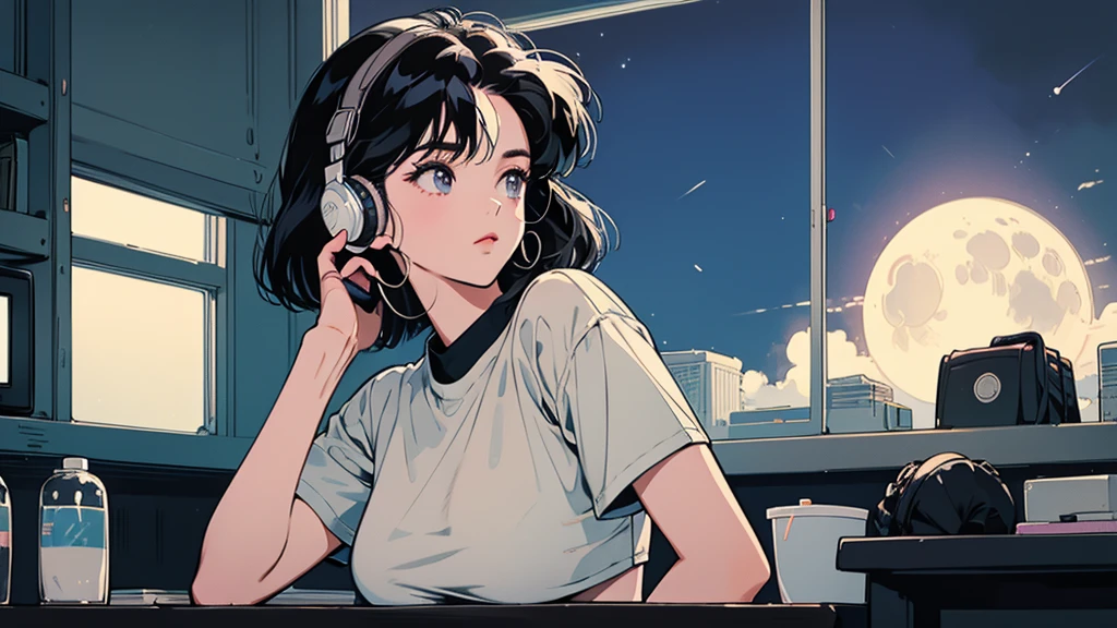 A very detailed beautiful woman, Perfect face,Black Hair, bob cut,Bangs, Gray eyes, Top of crop, Short sleeve, crop top, Huge breasts, 90s anime style、night、studio、A moon、girl wearing headphones、Late Night Room、listen to music alone、urban pop、Low image quality、Low Fidelity、chill、late at night、Room suitable for single occupancy、Dark room、Outside the window is the night view of the near future、Dark room、contour、Sit at your desk、Learning, Pull point