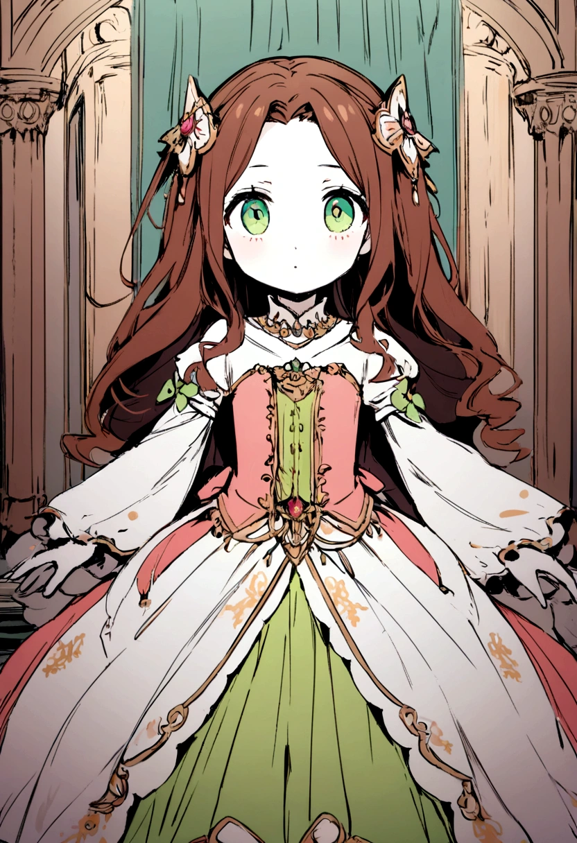 A girl with white skin and caramel-colored reddish brown hair and green eyes while wearing a princess dress while in a palace Being a  of 5 years old 