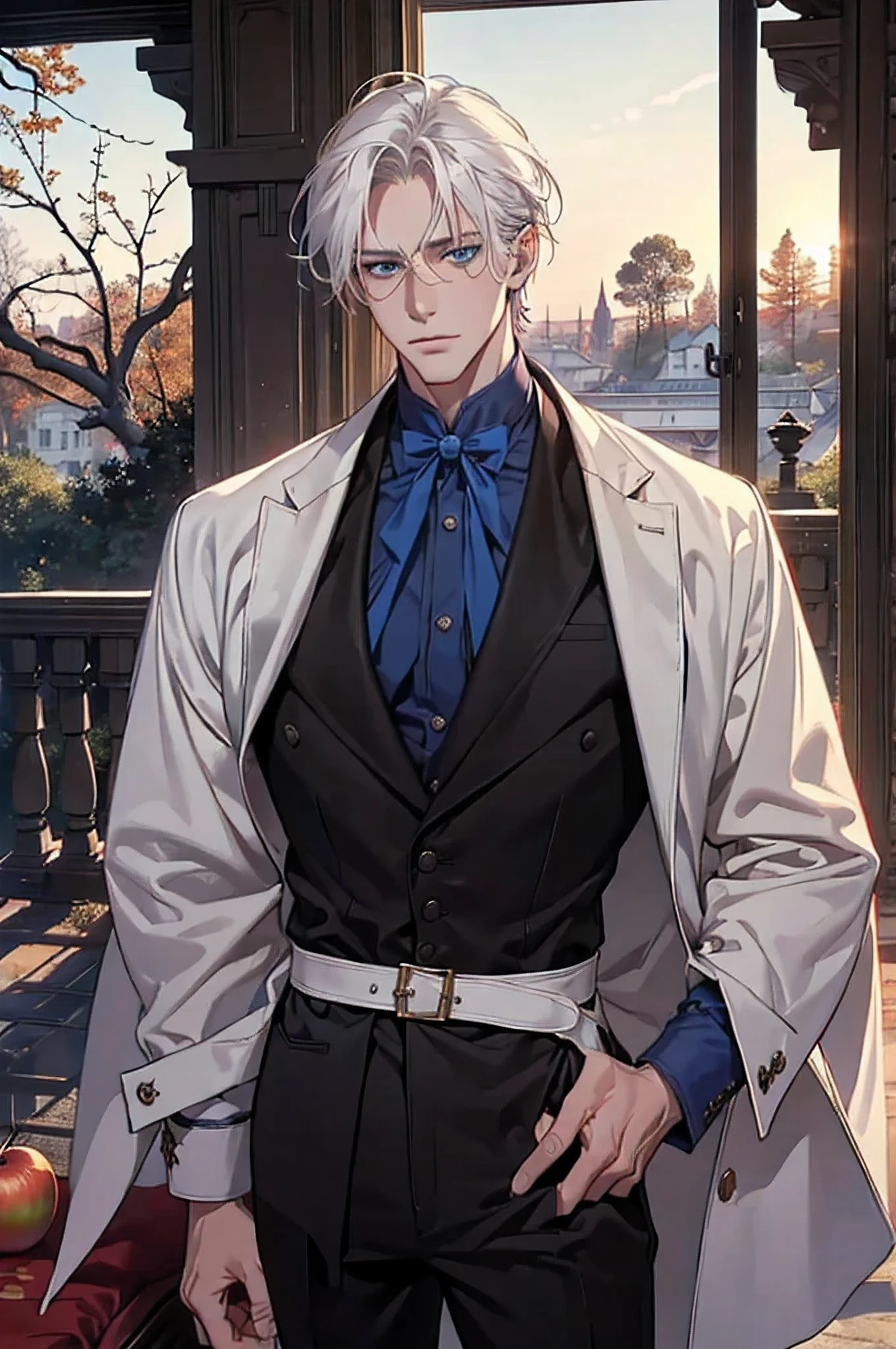 ((masterpiece:1.2, Best quality)), 4k, adult, European face, 1 person, male, mature, masculine, Beautiful, very tall, Muscles, broad shoulders, dark casual wear, White skin, medium white hair, Blue eyes, portrait, sunset, old house with apple trees.
