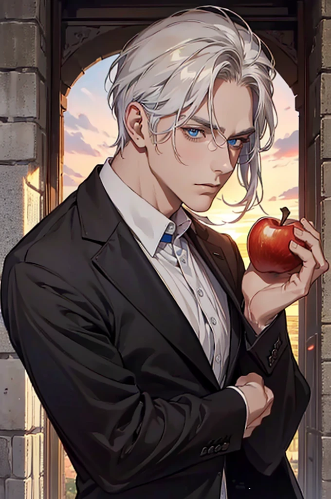 ((masterpiece:1.2, Best quality)), 4k, adult, European face, 1 person, male, mature, masculine, Beautiful, very tall, Muscles, broad shoulders, dark casual wear, White skin, medium white hair, Blue eyes, portrait, sunset, old house with apple trees. 
