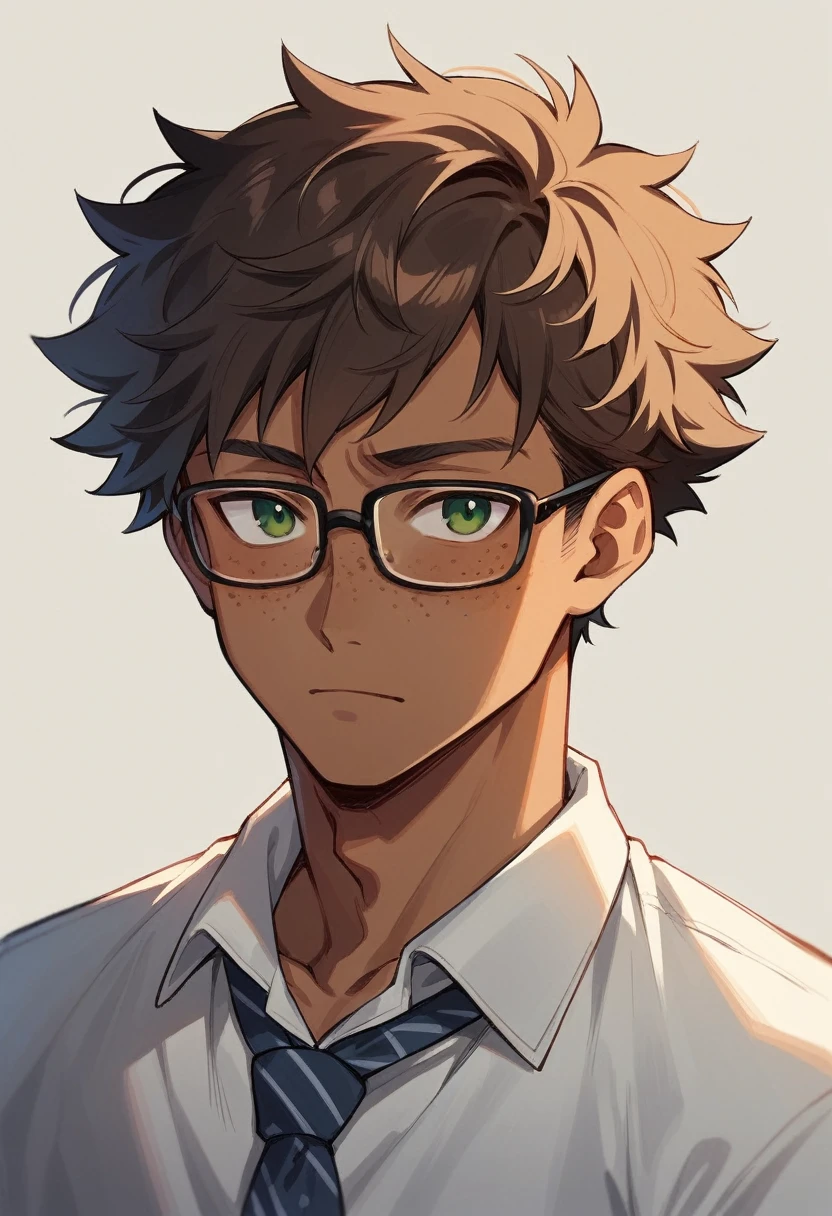 ((high quality)), ((masterpiece)), brown skin anime boy with freckles, glasses, green eyes, and fluffy hair, wearing casual clothing. 