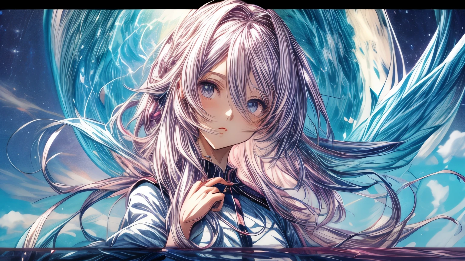 Chica anime con cabello rosado y ojos azules con un vestido azul., retrato, caballeros del zodiaco, , detailed arte animado digital, hermoso retrato animado, anime girl with cosmic hair, Cabello rosado y ojos cian., estilo anime 4k, arte animado digital, anime fantasy illustrations, anime fantasy illustration., retrato chica anime, anime in fantasy style, arte detallado del personaje de anime