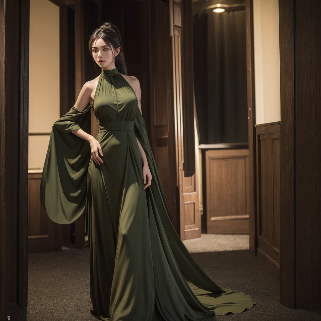 masterpiece, best quality, (photorealistic:1.4), full body, (olive green evening dress1.2), dancing, cinematic light, beautiful woman, slender, lithe, ten feet tall, huge breasts, ponytail black long hair, detailed face, looking up at camera, photo taken from a distance, age of 26 years old,
