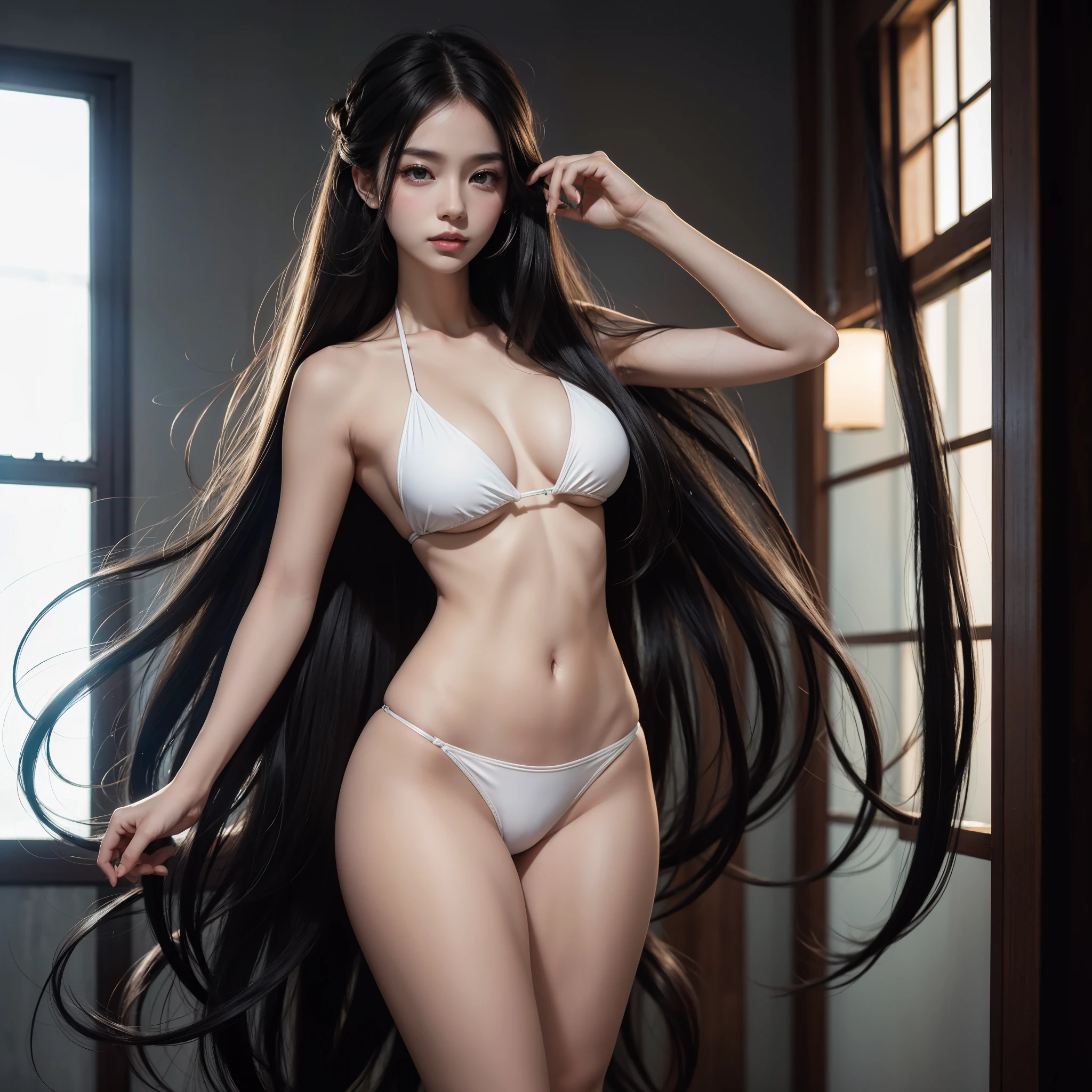 (Best image quality、Highest quality、Highest Resolution、Ultra-realistic photos、Full body photo、masterpiece、16k、)A beautiful woman with black hair longer than her height。Alone on the grassland。White bikini or nude。so much hair。Brush your hair back。Hair soars。hair length about 5 meters。Hair wrapped around the body。Beauty Women。Her incredibly long and straight hair is very sexy.。The longest hair in the world。World Long Hair Contest Winner。Carefully cared for, shiny and beautiful hair。I'm proud of the length of my hair。I'm proud of the length of my hair。She is proud of her very, very long hair.。Very long, voluptuous hair。Long and beautiful hair is loved by people all over the world.々is captivating。A smile that shines with long hair。Sleeping face down on the floor。Lying on the floor。Crawling to the floor。Sleeping in the steppe。Captivating pose。