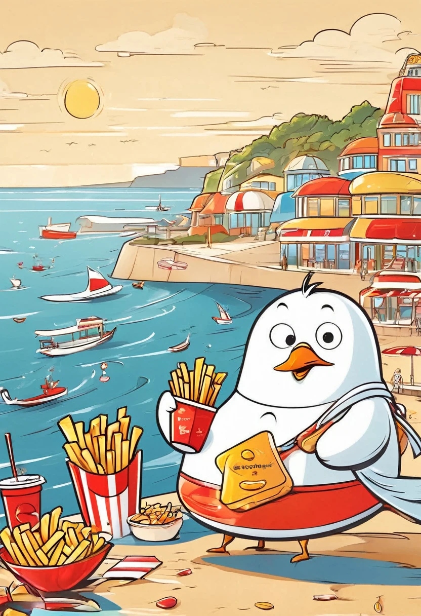 The art of math，Fun illustrations，Beautiful seaside，Fat Mr. Seagull eats French fries again，Enjoy your holiday，Relax，