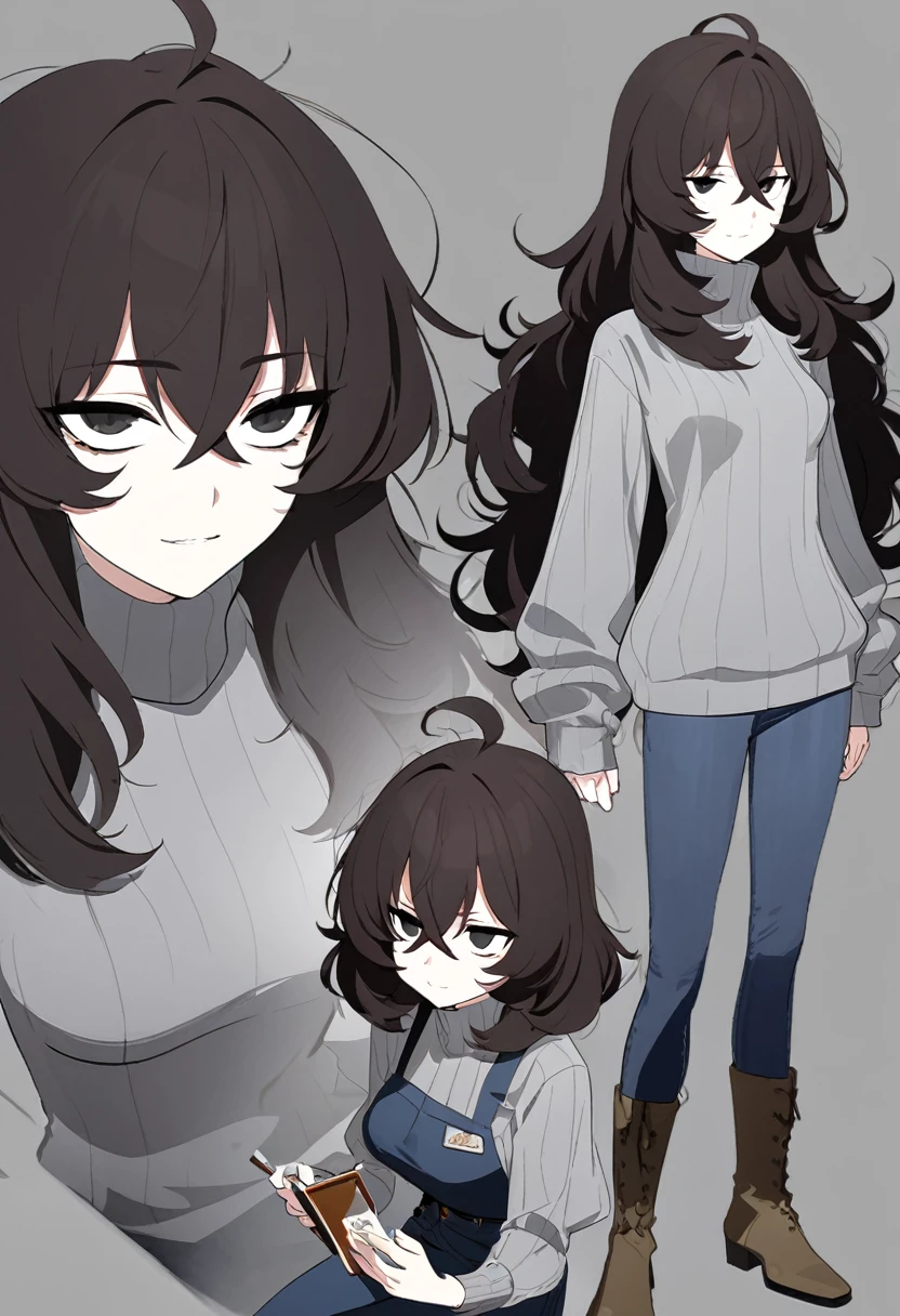 One Woman,Downer,older sister,Concept Art,Dark brown hair,Straight hair with slight inward curls,Staring eyes,Eye Ridge,black eye,Crossed bangs,whole body,smile,Slightly larger breasts,Gray background,Bangs that reach down to the eyes,Messy hair,Tight dark jeans,Gray turtleneck sweater,Multiple views of the same character,Character Design,Dark circles under the eyes,Bad look,Listless,Sloppy,accessories,Cafe staff,Holding a cigarette,whole bodyCharacter Design,Detailed hands,Height: 170cm,boots,