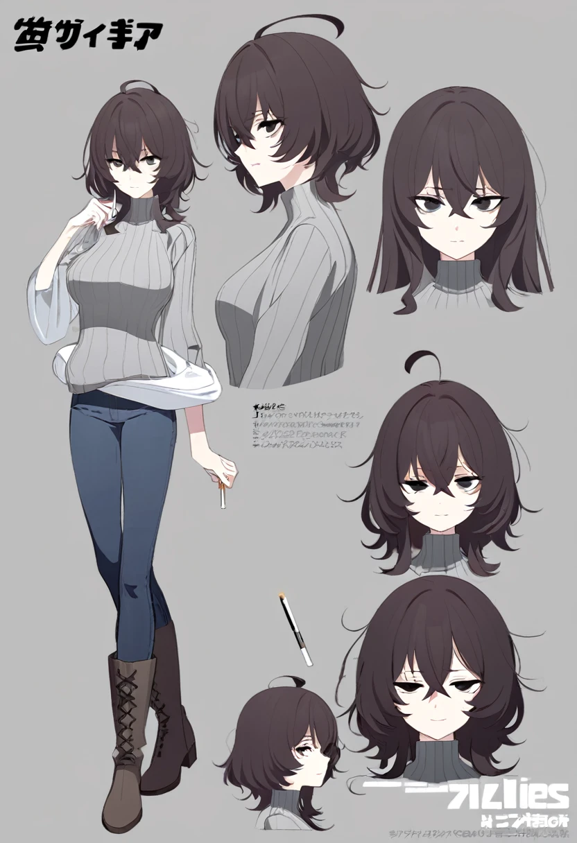 One Woman,Downer,older sister,Concept Art,Dark brown hair,Straight hair with slight inward curls,Staring eyes,Eye Ridge,black eye,Crossed bangs,whole body,smile,Slightly larger breasts,Gray background,Bangs that reach down to the eyes,Messy hair,Tight dark jeans,Gray turtleneck sweater,Multiple views of the same character,Character Design,Dark circles under the eyes,Bad look,Listless,Sloppy,accessories,Cafe staff,Holding a cigarette,whole bodyCharacter Design,Detailed hands,Height: 170cm,boots,