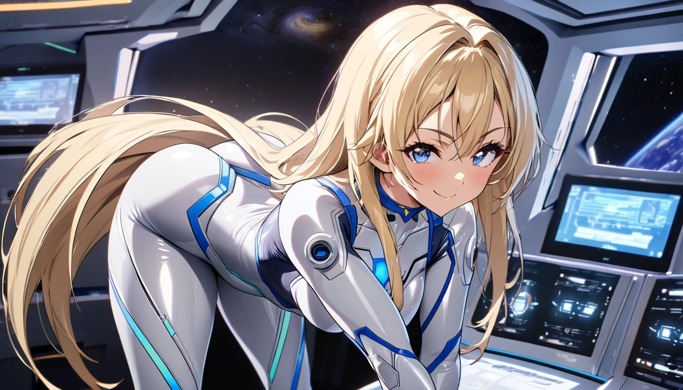 1girl, (Blue Eyes), (smiling :1.2), (Sana Minatozaki), wide hips, Big , big ass, (Best Quality, 8k, Masterpiece: 1.3), Clear Focus: 1.2, Perfect Body Beauty: 1.4, strong abs, Highly detailed face and skin texture, detailed eyes, double eyelids, (blond long straight hair :1.2), white cyber suit, futuristic suit, (cyber bodysuit :1.3), standing, dynamic pose, (in the command center of a futuristic ship :1.2), window with galaxy in the background :1.4