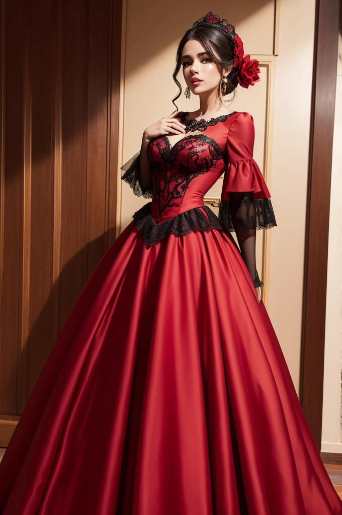 Roupa para show vermelha e preta detalhada e saia