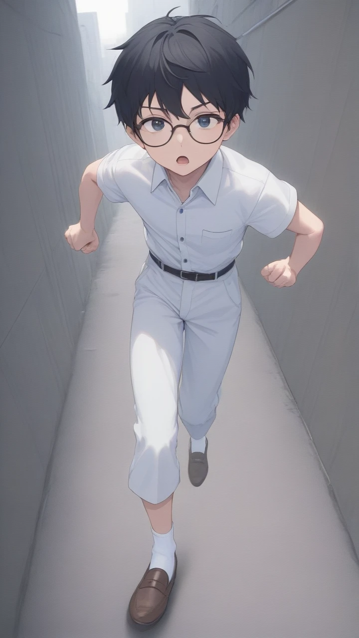 (masterpiece), best quality, expressive eyes, perfect face, 1boy, 13 years-old boy, Japanese male look, tall skinny slim body, black hair, short hair, glasses, white collar shirt short sleeve, white short pants, black school belt, white long socks, brown loafers, target is locked, naughty, frowned, angry, crazy, running, as fighter boy, punching with clenched hand, bare hand, fights poses, sweated body, ruined city, war in the city, at broken ruins street, close full body shots,