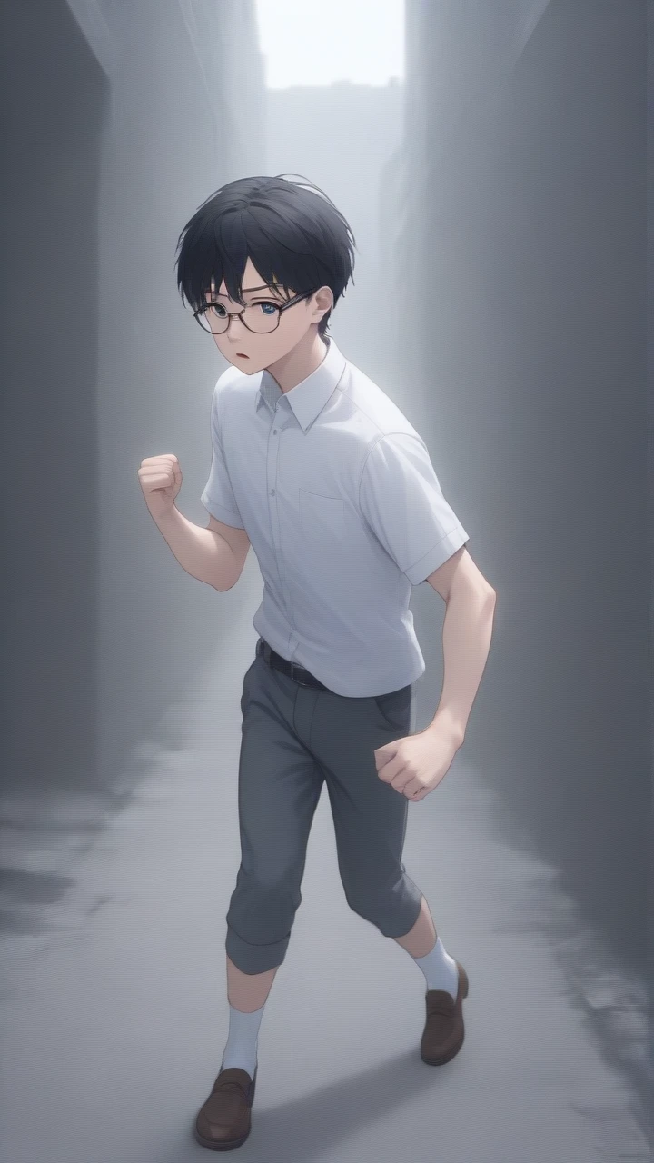 (masterpiece), best quality, expressive eyes, perfect face, 1boy, 13 years-old boy, Japanese male look, tall skinny slim body, black hair, short hair, glasses, white collar shirt short sleeve, white short pants, black school belt, white long socks, brown loafers, target is locked, naughty, frowned, angry, crazy, running, as fighter boy, punching with clenched hand, bare hand, fights poses, sweated body, ruined city, war in the city, at broken ruins street, close full body shots,