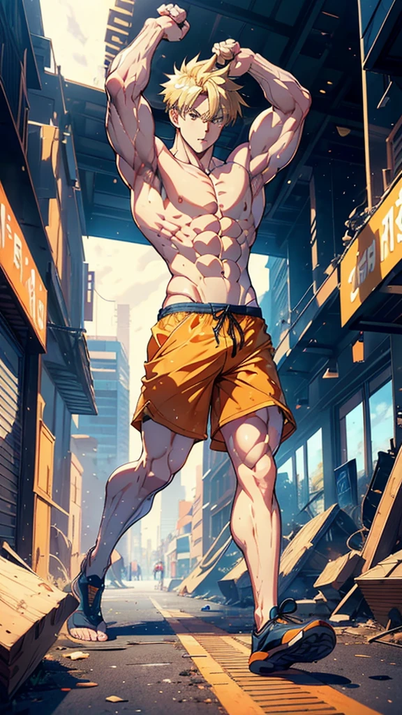 Create a hyperrealistic, photorealistic, 4K anime male (blonde hair), (captivating orange eyes), (broad shoulders) his character physically strong and defined, mature (sharp jaw) (visible abs and biceps) ((no shirt)) ((tight shorts)), completing his sleek and formidable appearance. (big chest) ((full body shot head to toe in camera front-facing)) ((front-facing)) 1:1 shot ((no shoes)) ((detailed)) (flat perspective) ((slimmer build)) (yelling into the air) ((his arms by his slide))