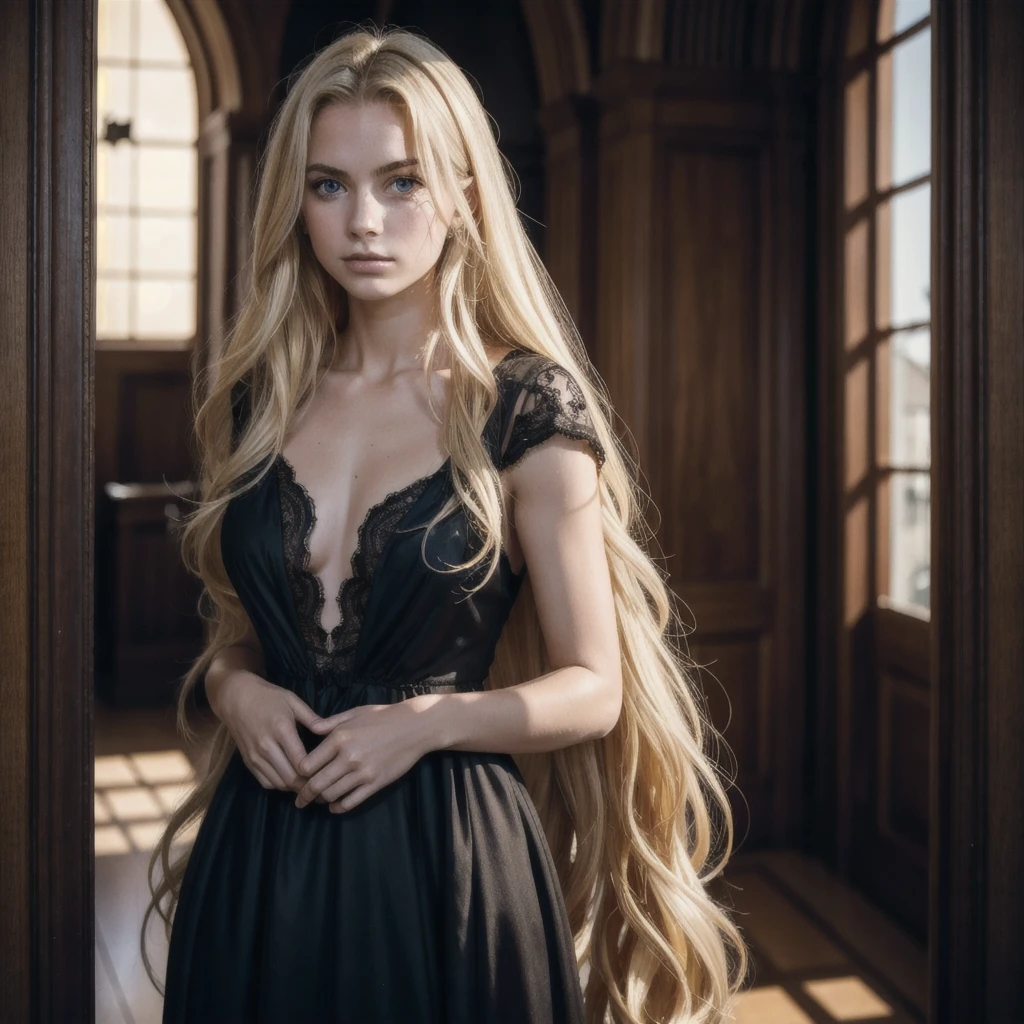 goergous young european woman with a beautiful face, long and blond hair, self-portrait, wearing a dark dress, best quality, ultra-detailed, solo, shadows, contrast, 4K, 85mm, Kodak Vision Color