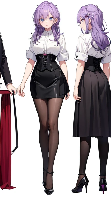 Purple Hair,Long Hair,Adult female,White Y-shirt,((Roll up her sleeves)),(corset),(Black tight skirt),(High heels),((A simple, blank white background)),smile,((full body)),((whole body)),