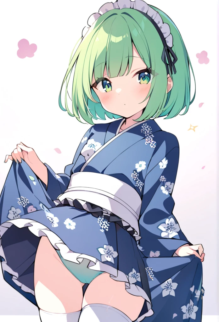 1 girl, cute, young, green hair, bob haircut, green eyes, yukata maid, thigh high,