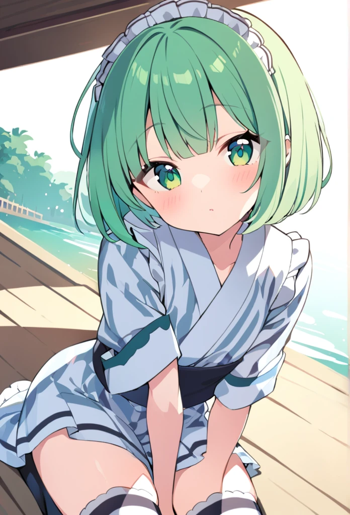 1 girl, cute, young, green hair, bob haircut, green eyes, yukata maid, thigh high,
