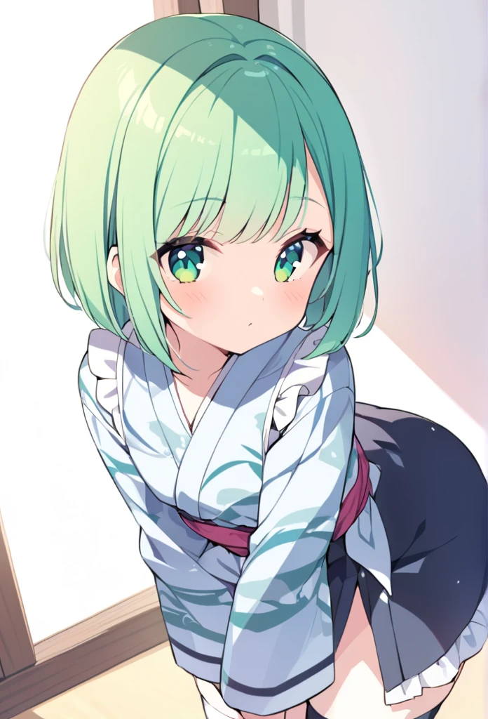 1 girl, cute, young, green hair, bob haircut, green eyes, yukata maid, thigh high, {{{{{{{{excessive cum}}}}}}}}, cum on face,