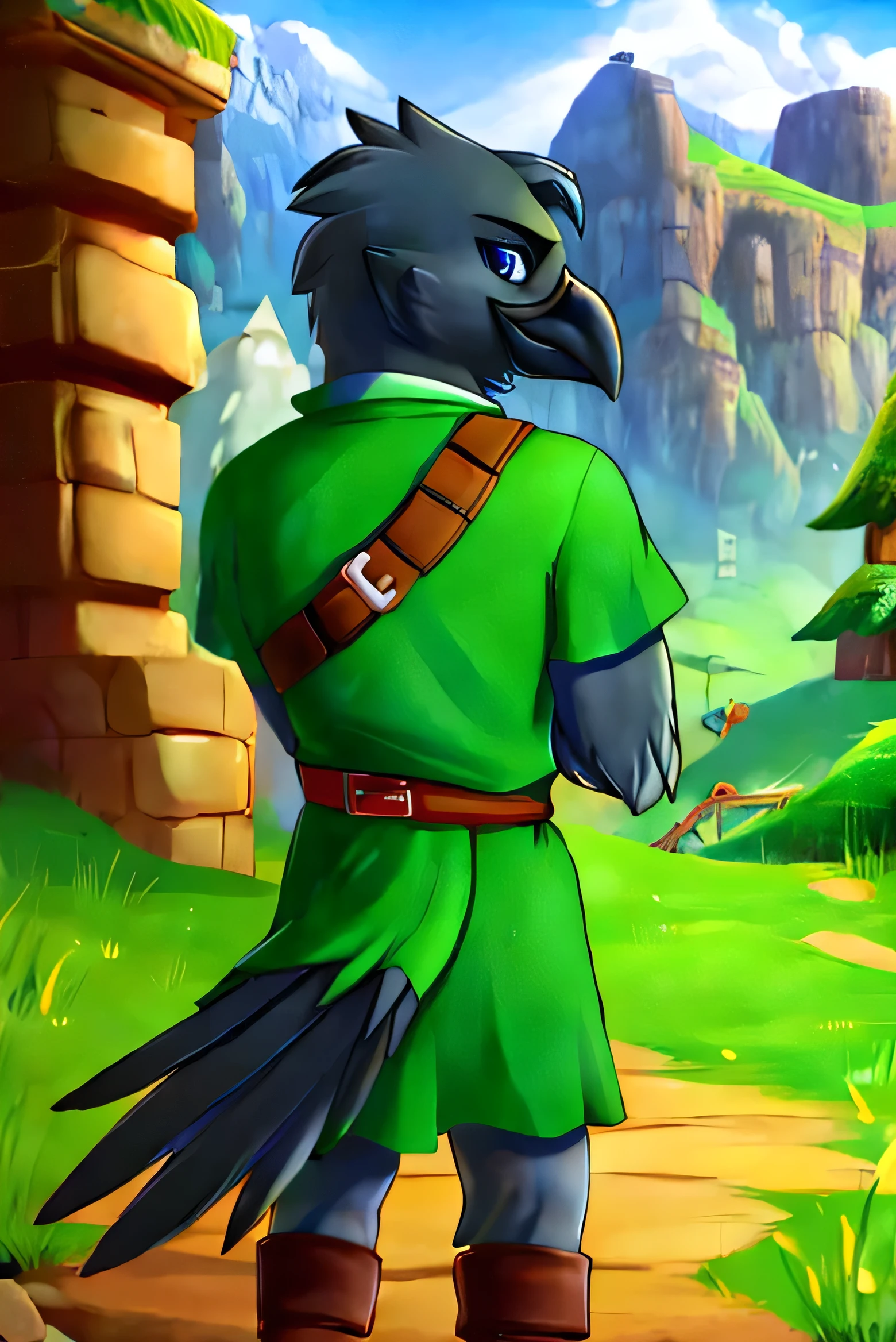 Link, legend of zelda, tunic, anthro black crow, holding sword, detailed, looking back at viewer, rear view, mountains, detailed background, crow tail, bird tail, feathers, avian, hyrule, black feathers, black crow