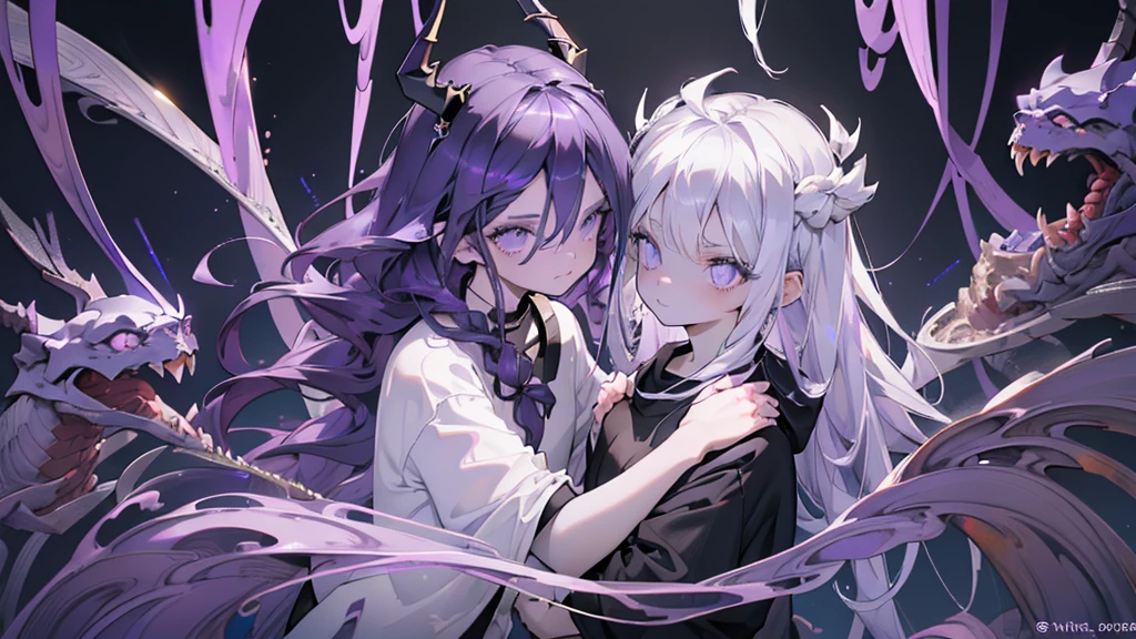 Boy open forehead. Long dark purple hair braided on the left side. Black horns with white ribbon. pale violet eyes. Long white t-shirt. Dark purple shorts. Dark purple knee socks. Robe with a white hood with an ornament of gold rings. Concrete walls purple light