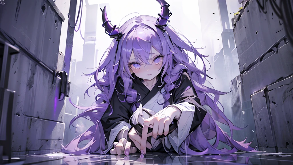 BOY. open forehead. Long dark purple hair braided on the left side. Black horns with white ribbon. pale violet eyes. Long white t-shirt. Dark purple shorts. Dark purple knee socks. Robe with a white hood with an ornament of gold rings. Concrete walls purple light water on the floor