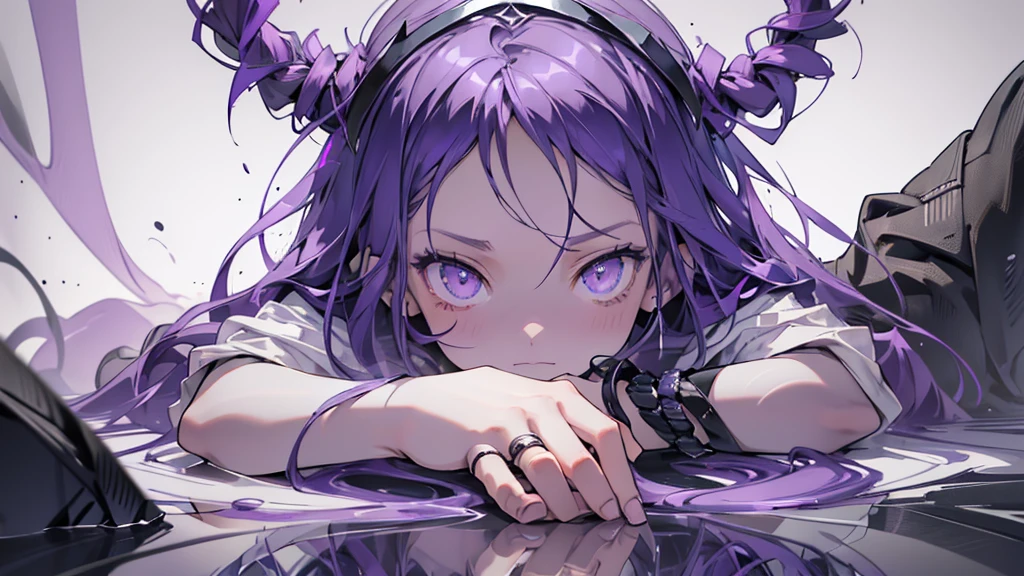 BOY. open forehead. Long dark purple hair braided on the left side. Black horns with white ribbon. pale violet eyes. Long white t-shirt. Dark purple shorts. Dark purple knee socks. Robe with a white hood with an ornament of gold rings. Concrete walls purple light water on the floor