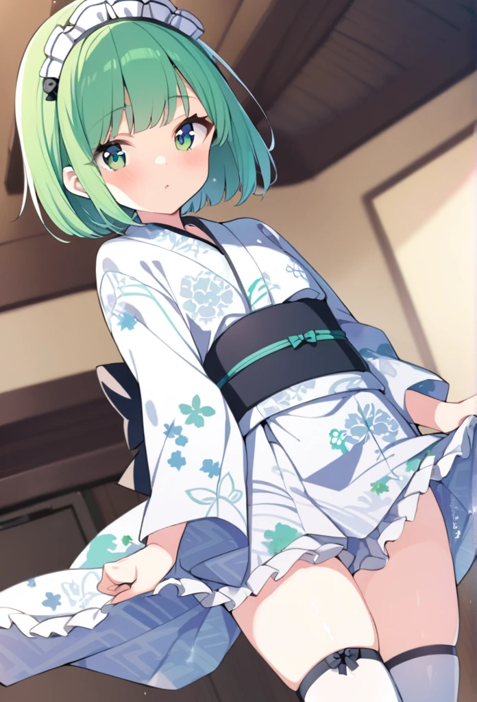 1 girl, cute, young, green hair, bob haircut, green eyes, yukata maid, thigh high,