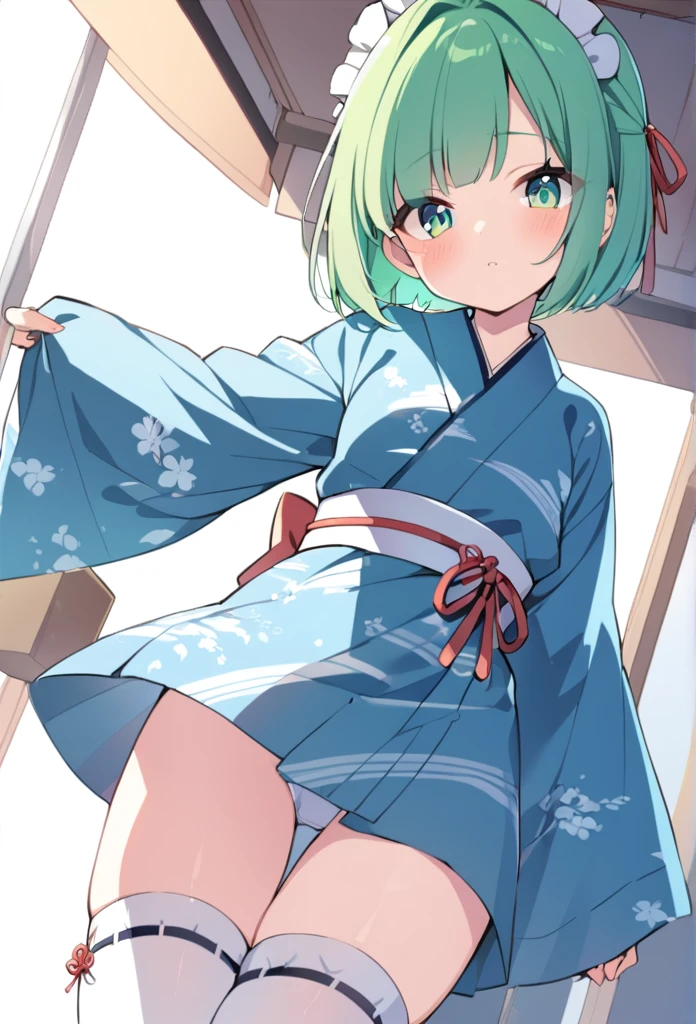 1 girl, cute, young, green hair, bob haircut, green eyes, yukata maid, thigh high,