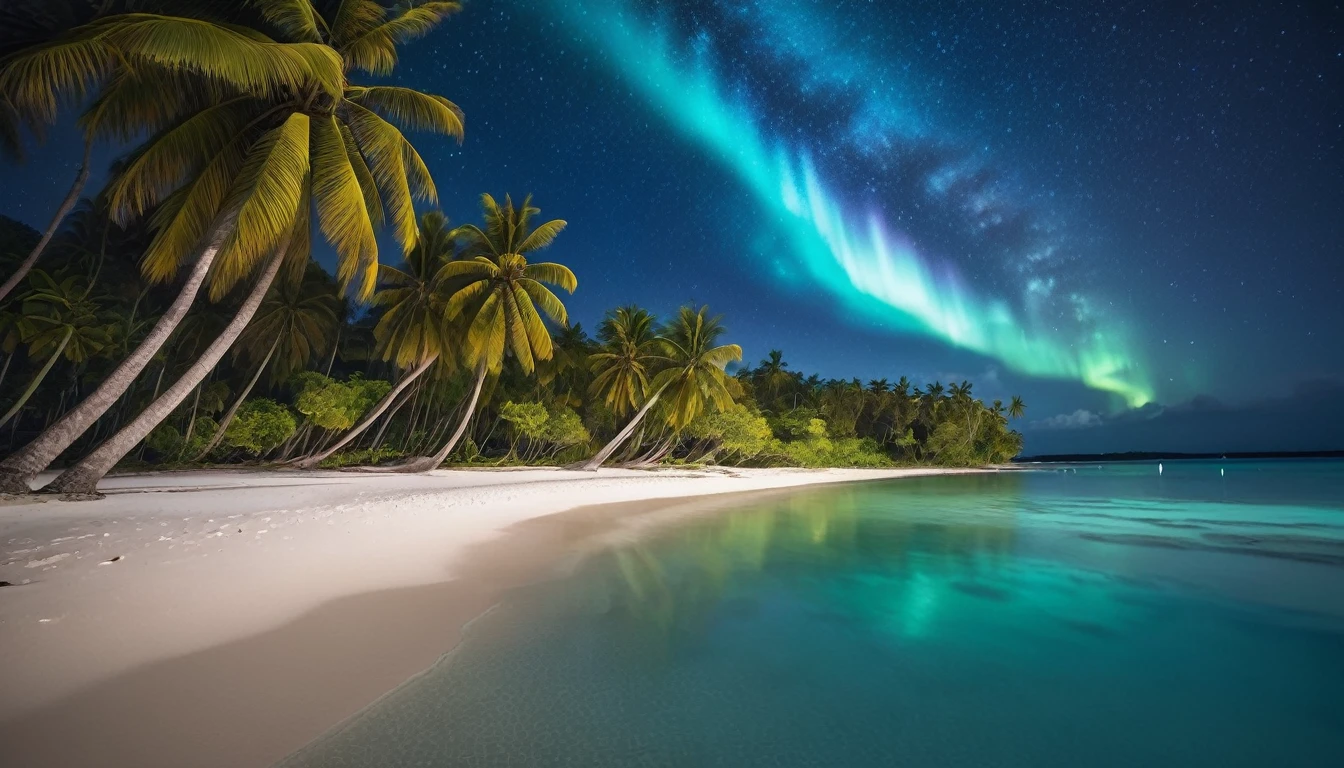"A beach with clear, bright blue water, soft white sand, beautiful coconut trees, a clear night sky filled with stars and a vibrant aurora."