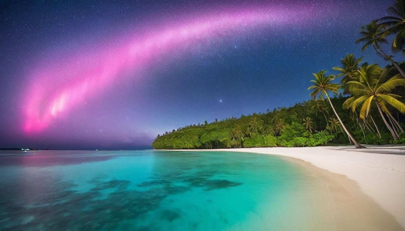 "A beach with clear, bright blue water, soft white sand, beautiful coconut trees, a clear night sky filled with stars and a vibrant aurora."