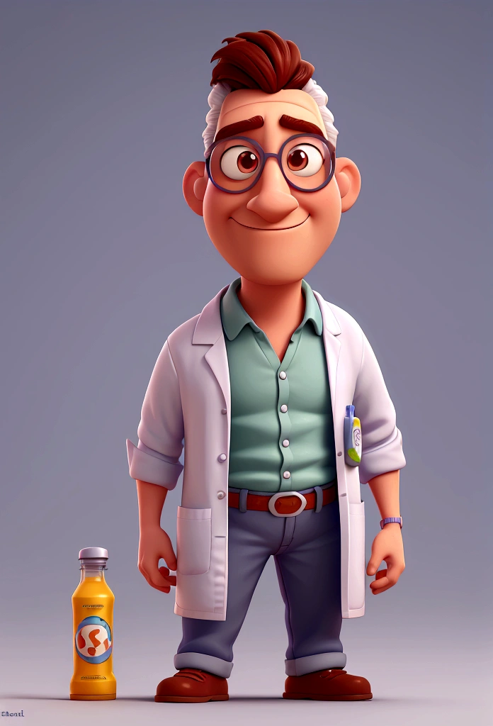 Cartoon character of a man with white glasses and a lab coat, Holding medicine, animation character, Caractere estilizado, animation style rendering, 3D estilizado, Arnold Maya render, 3 d render stylized, toon render keyshot, Personagem 3D, Personagem 3D, 3d rendering stylized, 3 d character render, personagem de desenho animado, Personagem de close up, Pose de personagem,  (Estilo Pixar) (master part:1.2) (Bokeh) (best quality) (pele detalhada) (textura detalhada) (8k) (argila) (Cinematic lighting) (sharp focus, presenting a bottle of vitamins supplements
