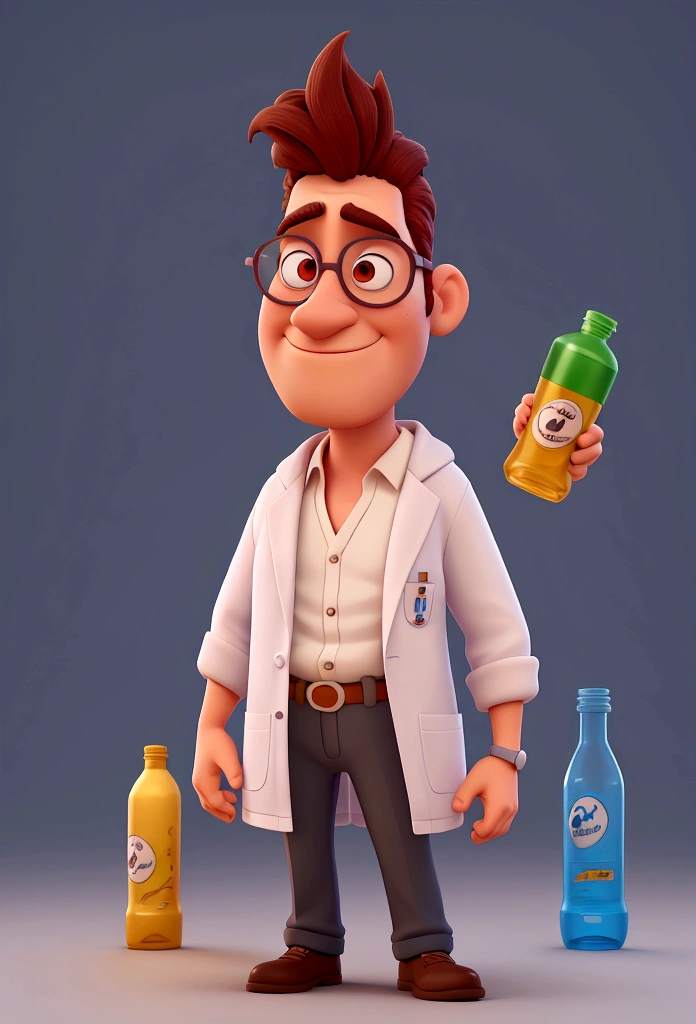 Cartoon character of a man with white glasses and a lab coat, Holding medicine, animation character, Caractere estilizado, animation style rendering, 3D estilizado, Arnold Maya render, 3 d render stylized, toon render keyshot, Personagem 3D, Personagem 3D, 3d rendering stylized, 3 d character render, personagem de desenho animado, Personagem de close up, Pose de personagem,  (Estilo Pixar) (master part:1.2) (Bokeh) (best quality) (pele detalhada) (textura detalhada) (8k) (argila) (Cinematic lighting) (sharp focus, presenting a bottle of vitamins supplements