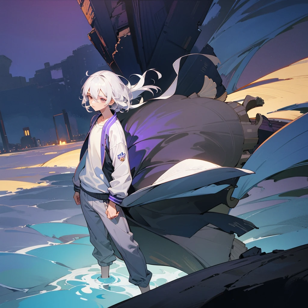 1male, adult, finely detailed lavander eyes, seashell white hair, wavy short hair, varsity jacket, loose shirt, baggy pants, standing on ruined building, night time, somber expression