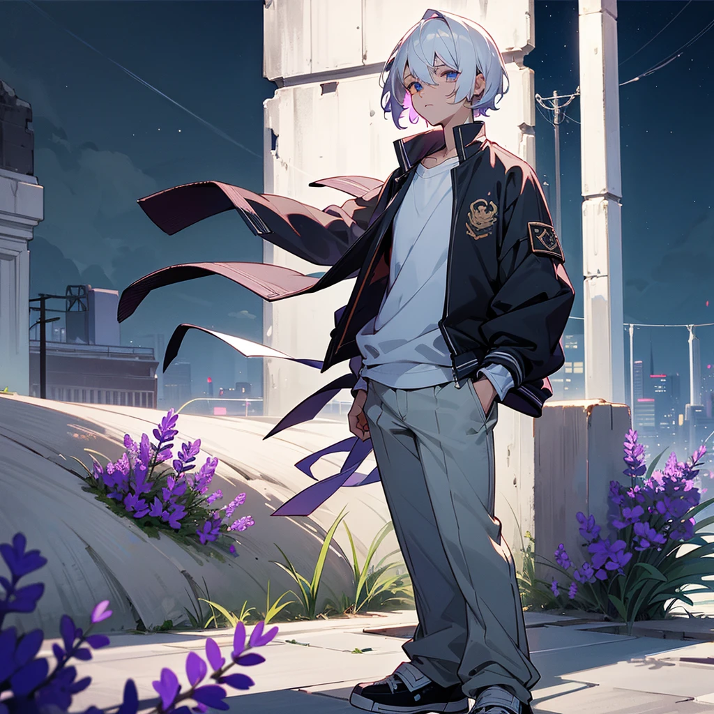 1male, adult, finely detailed lavander eyes, seashell white hair, wavy short hair, varsity jacket, loose shirt, baggy pants, standing on ruined building, night time, somber expression