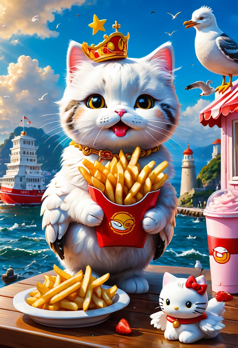 Hello Kitty and Seagull are friends, they are eat Fries, best quality, masterpiece, very aesthetic, perfect composition, intricate details, ultra-detailed