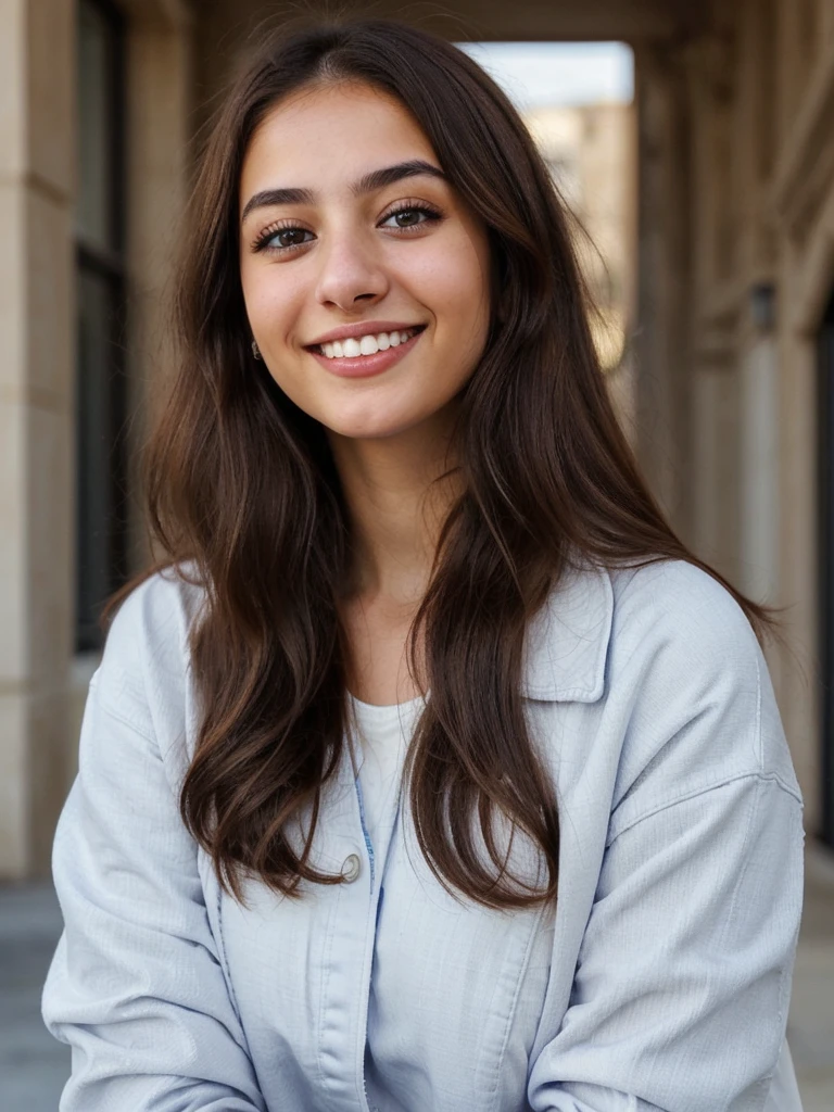 one cute women, 20YO, white, Arab, cute face, realistic brown eyes, blue jacket, brown hair, cute smile, skinny face, white realistic teethes, big eyes, long hair