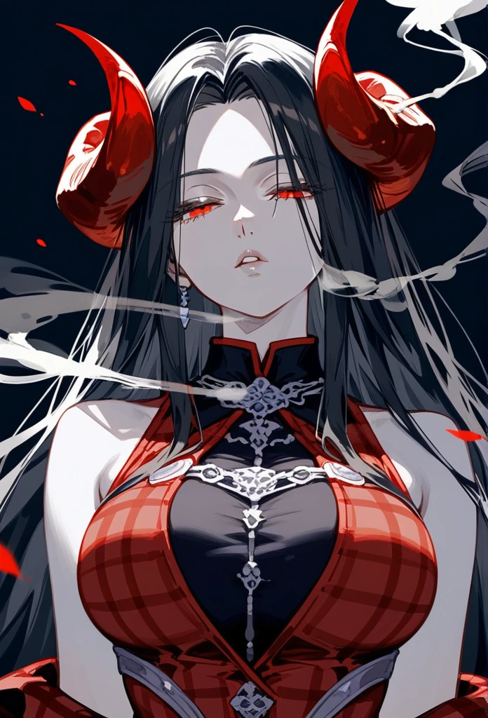 masterpiece, Score_9, Score_8_up, Score_7_up, front view, 1 woman, alone, black hair with red, long hair, parted bangs, dark red eyes, half-closed eyes, parted lips, expressionless, pale skin, large breasts, body suit , black background, best quality, horns up, long open bangs, Sleeveless shirt, Black V-neck, black and red flannel pants, Castlevania, Smoking