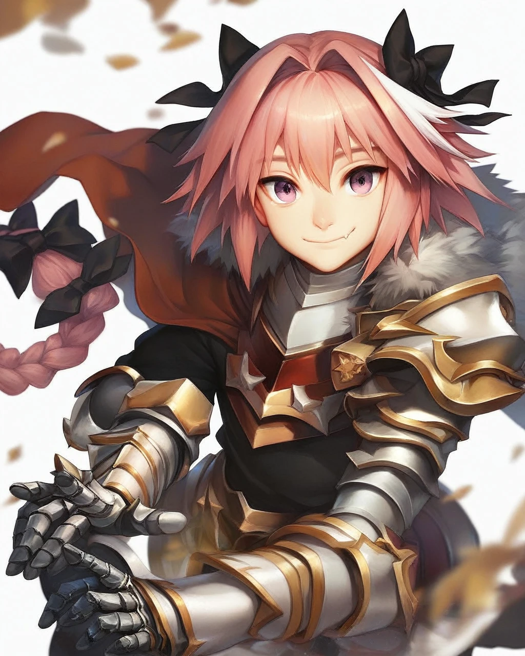 rs,masterpiece,best quality,solo,grey_background,red_cloak,gorget,commentary_request,1boy,black_bow,otoko_no_ko,astolfo_\(fate\),armored_dress,gauntlets,hair_intakes,fang,closed_mouth,black_dress,looking_at_viewer,simple_background,smile,single_braid,happy,male_focus,fur-trimmed_cloak,long_braid,hair_bow,long_sleeves,