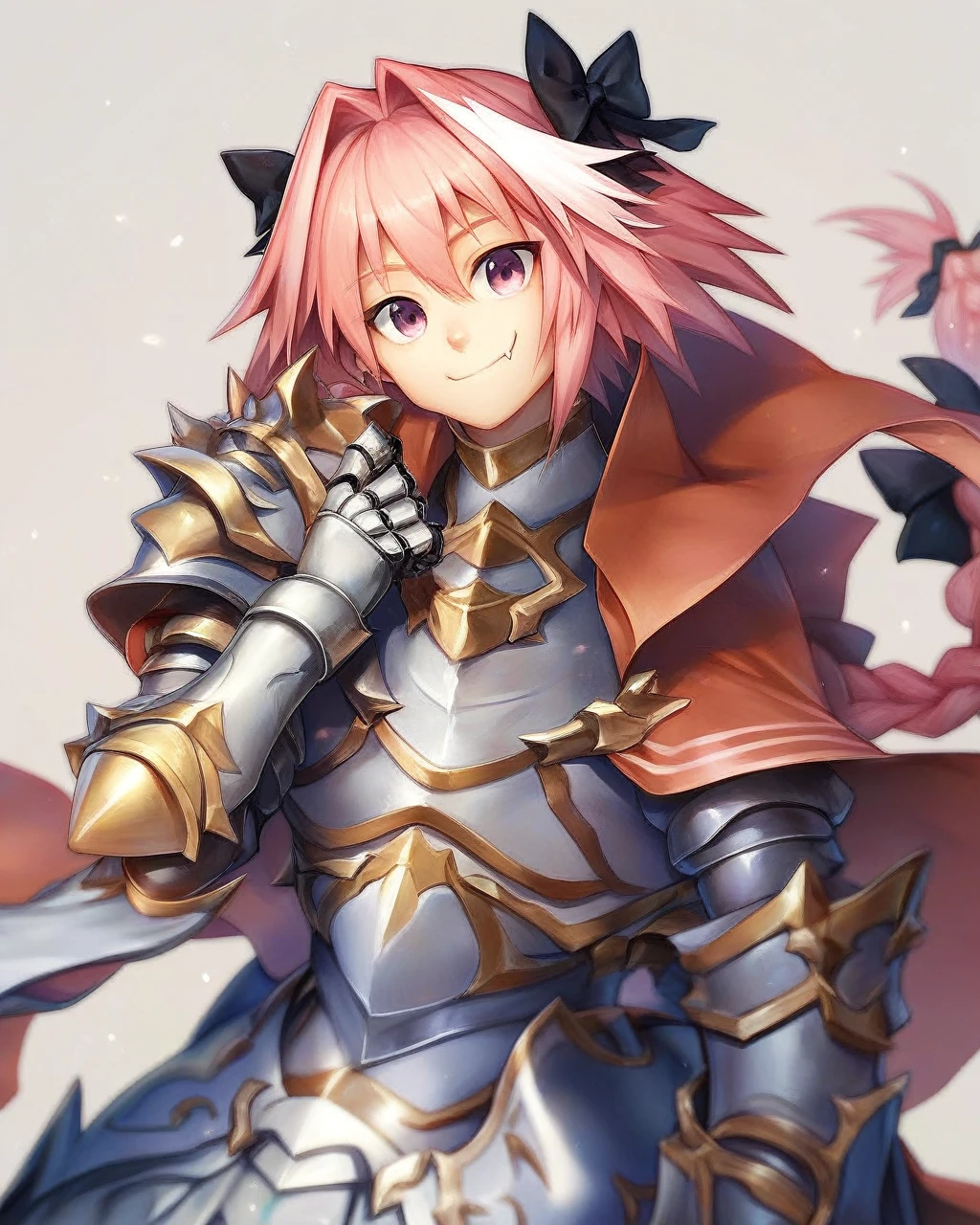 rs,masterpiece,best quality,solo,grey_background,red_cloak,gorget,commentary_request,1boy,black_bow,otoko_no_ko,astolfo_\(fate\),armored_dress,gauntlets,hair_intakes,fang,closed_mouth,black_dress,looking_at_viewer,simple_background,smile,single_braid,happy,male_focus,fur-trimmed_cloak,long_braid,hair_bow,long_sleeves,