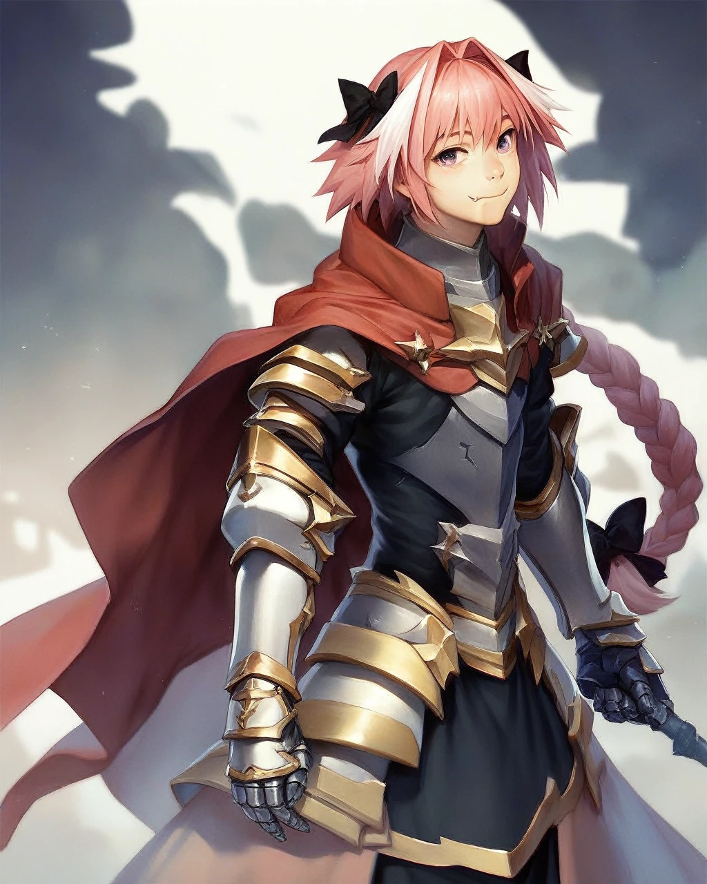 rs,masterpiece,best quality,solo,grey_background,red_cloak,gorget,commentary_request,1boy,black_bow,otoko_no_ko,astolfo_\(fate\),armored_dress,gauntlets,hair_intakes,fang,closed_mouth,black_dress,looking_at_viewer,simple_background,smile,single_braid,happy,male_focus,fur-trimmed_cloak,long_braid,hair_bow,long_sleeves,