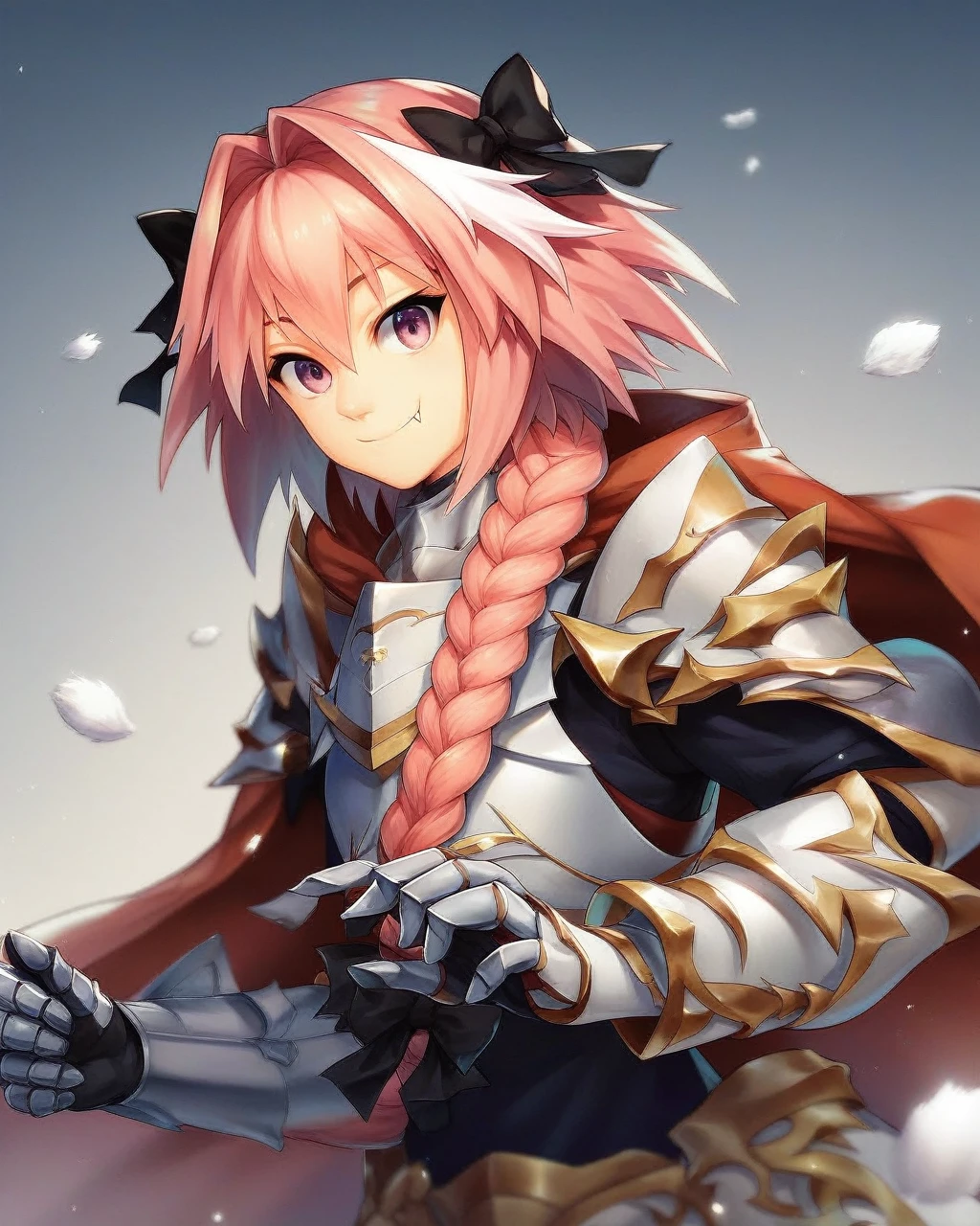 rs,masterpiece,best quality,solo,grey_background,red_cloak,gorget,commentary_request,1boy,black_bow,otoko_no_ko,astolfo_\(fate\),armored_dress,gauntlets,hair_intakes,fang,closed_mouth,black_dress,looking_at_viewer,simple_background,smile,single_braid,happy,male_focus,fur-trimmed_cloak,long_braid,hair_bow,long_sleeves,