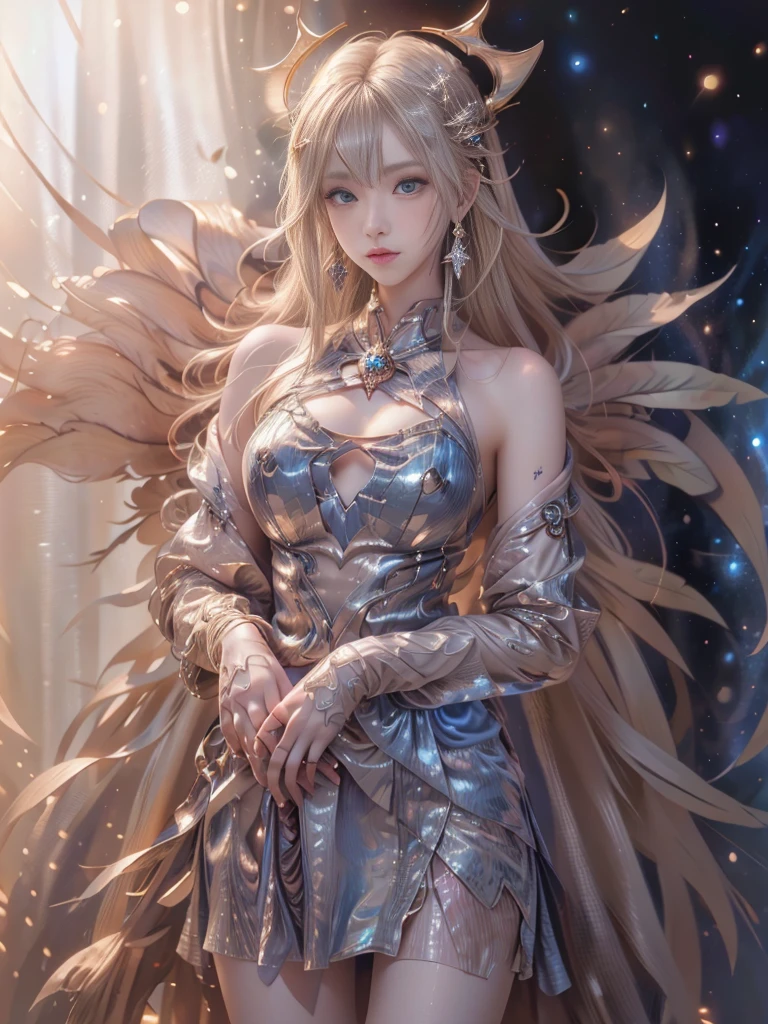 ((masterpiece)), ((Highest quality)), ((High resolution)), ((Detailed Background)), ((Highly detailed CG Unity 8k wallpaper)), alone, shiona,Blonde Hair, Long Hair, blue eyes, Hair bundle, Cowboy Shot, Nude 1.5、See-through 1.2,Cover your chest with your hands、Another World View、universe space、