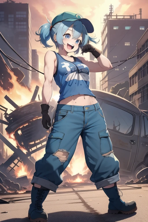 1 girl, solo, nitori kawashiro, touhou, masterpiece, light blue hair, short side pigtail, blue eyes, insane laughing expression, muscle shirt (dirty) mechanic gloves, blue kappa hat, utility pants, torn pants, boots, destroyed vehicle in background, burning wasteland cityscape, wide shot, full body