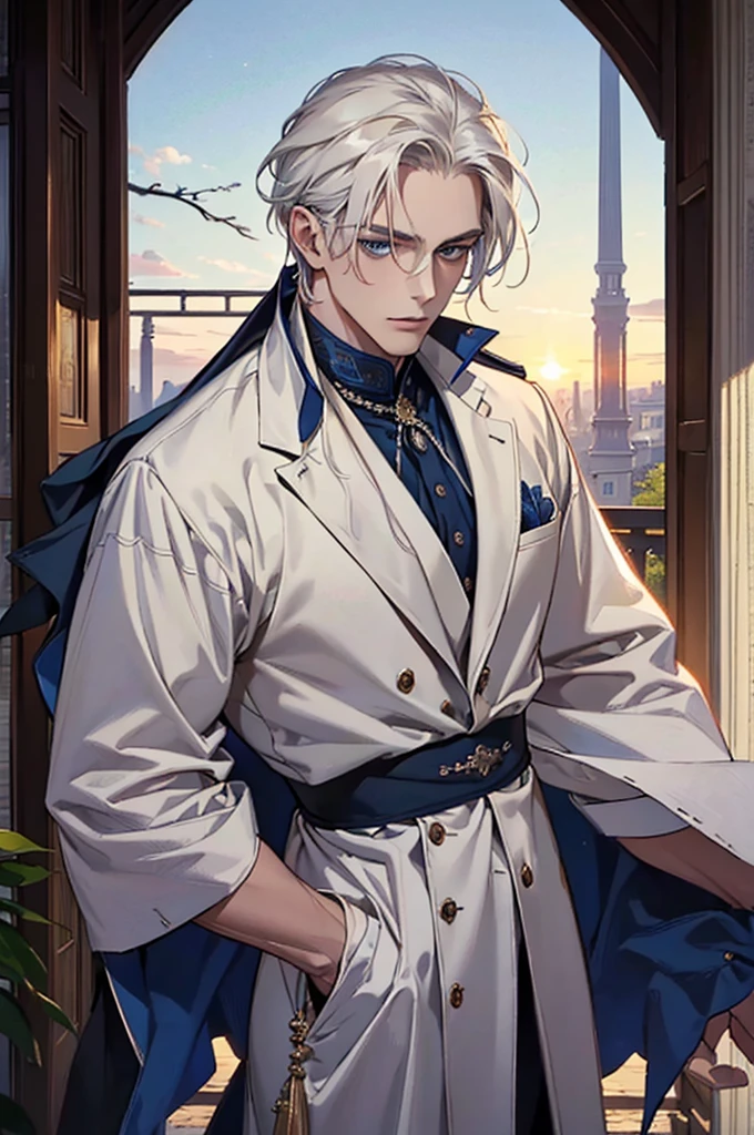 ((masterpiece:1.2, Best quality)), 4k, adult, European face, 1 person, male, mature, masculine, Beautiful, very tall, Muscles, broad shoulders, dark casual wear, White skin, medium white hair, Blue eyes, portrait, sunset, old house with apple trees.
