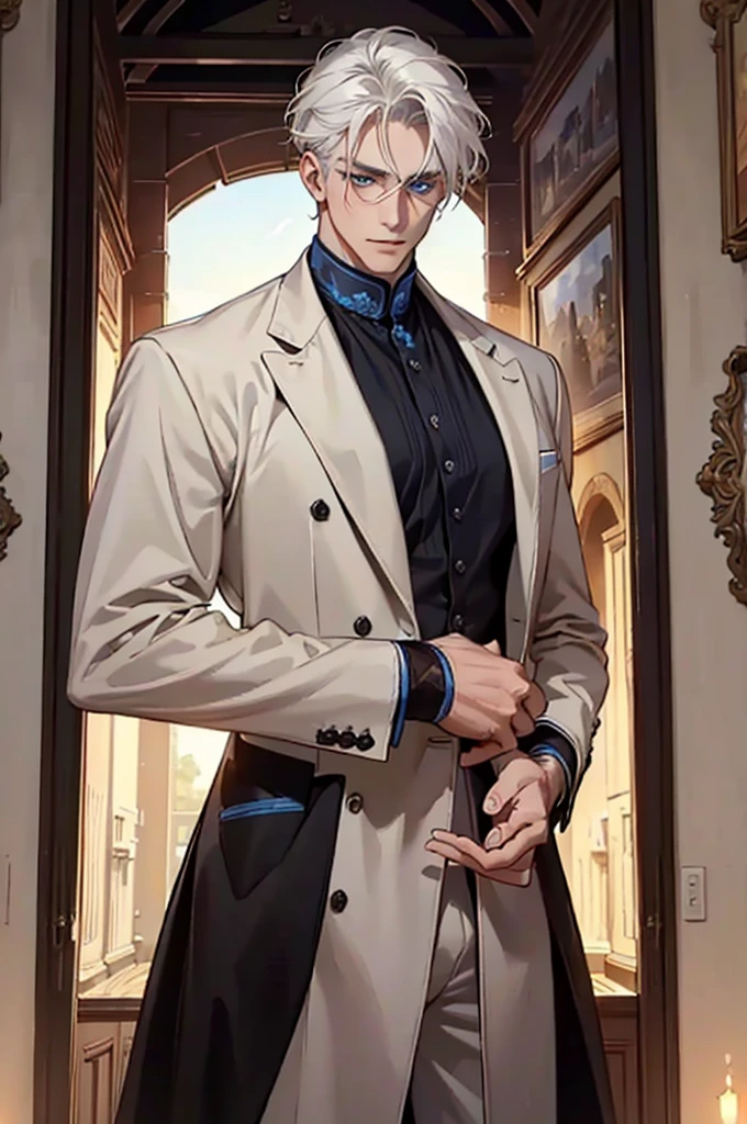 ((masterpiece:1.2, Best quality)), 4k, adult, European face, 1 person, male, mature, masculine, Beautiful, very tall, Muscles, broad shoulders, dark casual wear, White skin, medium white hair, Blue eyes, portrait, sunset, old house with apple trees. 
