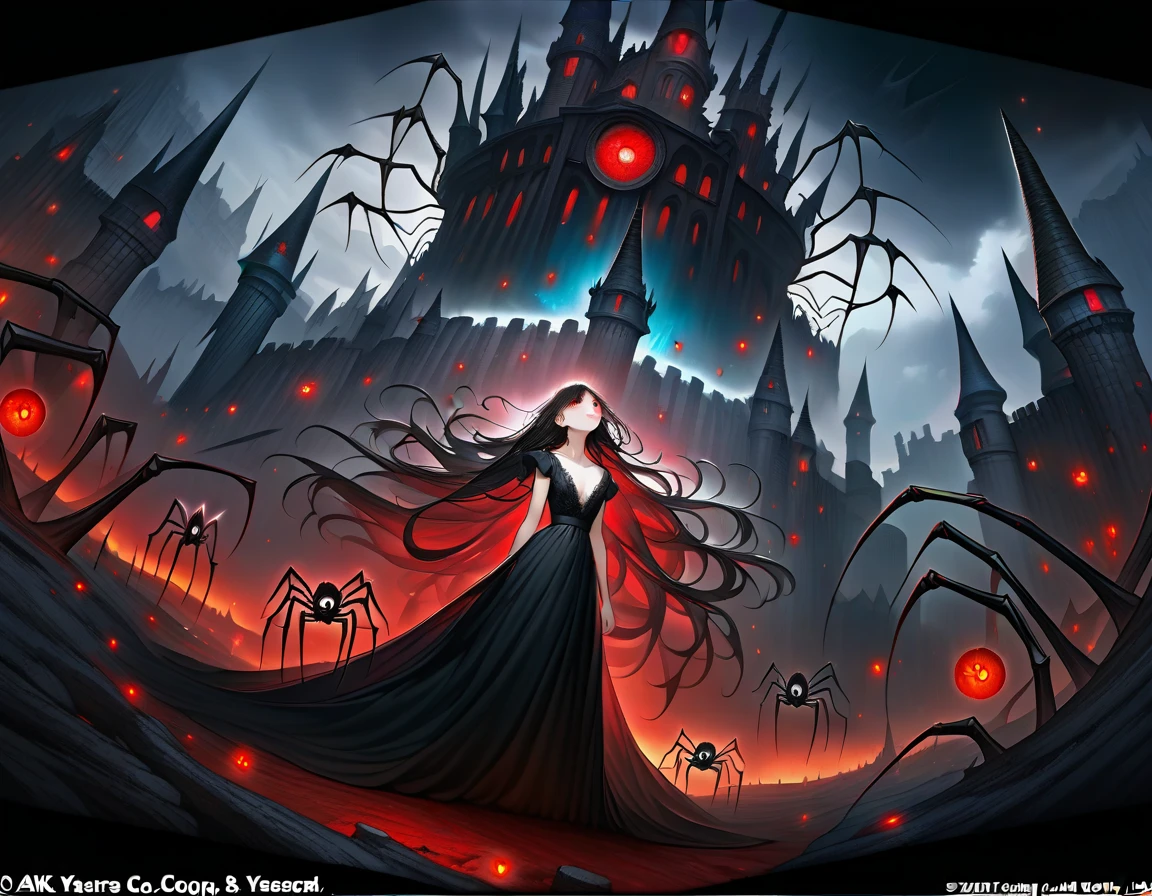 8k, (masterpiece, absurd quality, best quality, official art, beautiful and aesthetic:1.2), professional, vivid color, black hair, glowing red eyes, in the darkness, looking up, intense, in the darness, web, spider, arachne, detailed background,fantasy setting, dark castle background, long hair, flowy, wind, gloomy, dress, frills, dark magic,