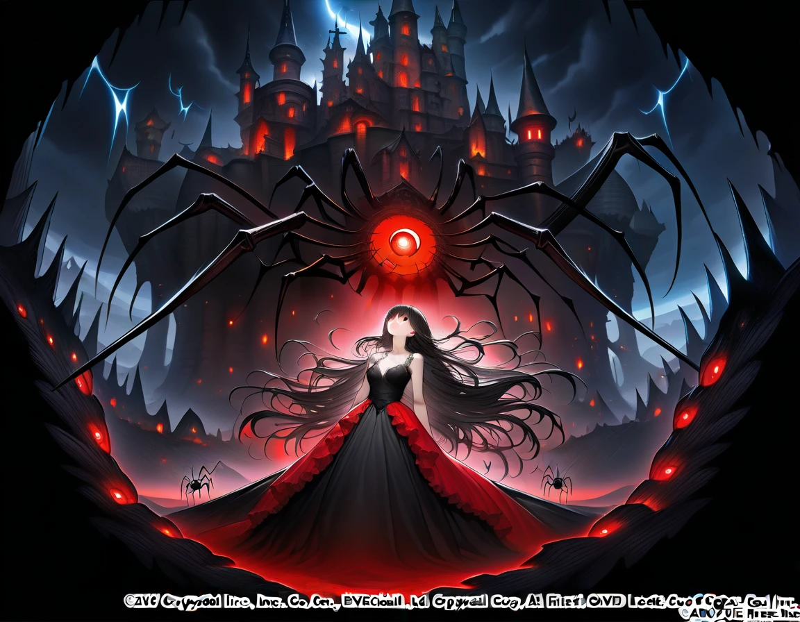 8k, (masterpiece, absurd quality, best quality, official art, beautiful and aesthetic:1.2), professional, vivid color, black hair, glowing red eyes, in the darkness, looking up, intense, in the darness, web, spider, arachne, detailed background,fantasy setting, dark castle background, long hair, flowy, wind, gloomy, dress, frills, dark magic,