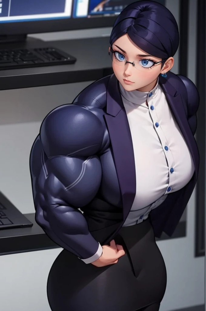 a muscular female bodybuilder in office suit, detailed face, beautiful detailed eyes, beautiful detailed lips, extremely detailed face and muscles, long eyelashes, strong muscles bulging through suit, dynamic pose, professional studio lighting, hyperrealistic, 8k, high quality, photorealistic, physically-based rendering, concept art, dramatic color palette,(from behind big ass,face looking at left side)