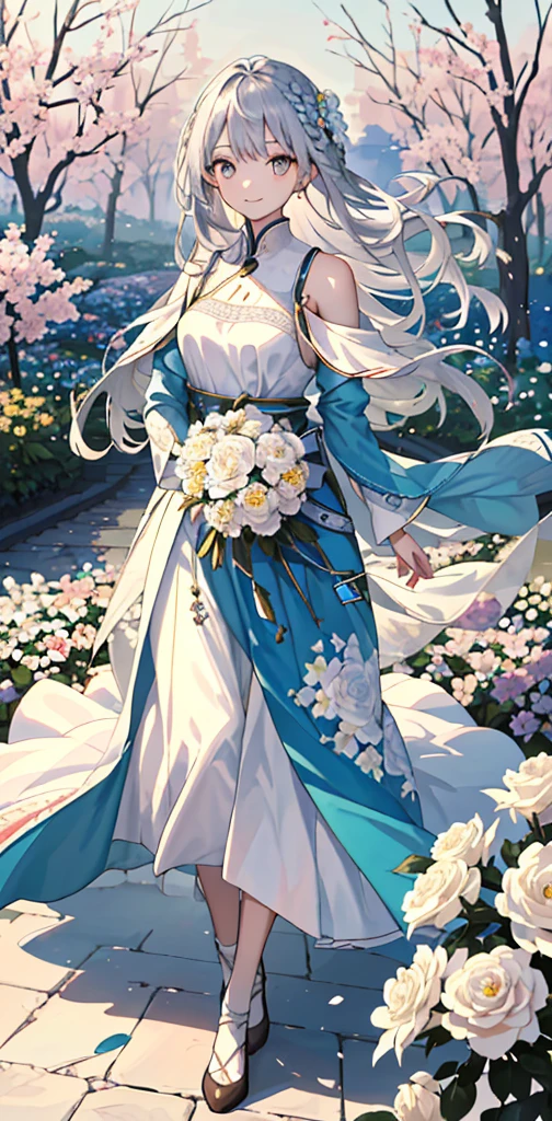 (masterpiece、top quality、photo、Extraordinarily high quality、high level image quality、Very sensitive writing)The girl with long silver hair is standing in the beautiful flower garden、Slight smile、She has a big bouquet of flowers、Cute national costume style dress with wrinkles on the shoulders、Hair fluttering in the wind,